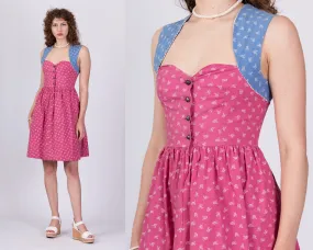 70s Calico Floral Sweetheart Neck Dirndl Dress - Small