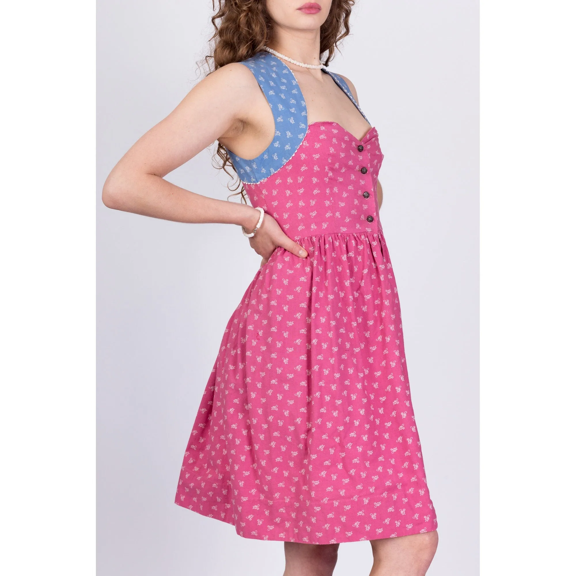 70s Calico Floral Sweetheart Neck Dirndl Dress - Small