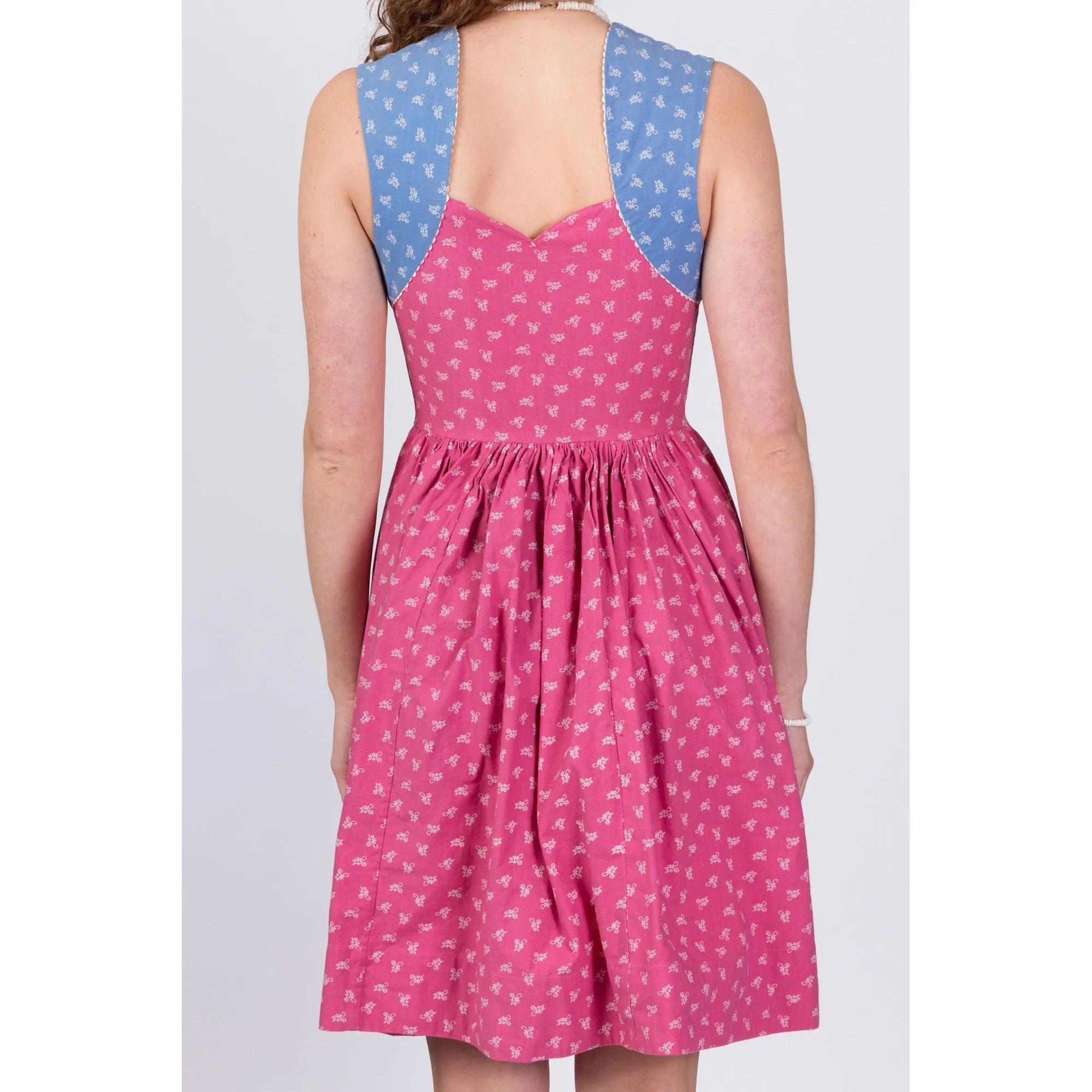 70s Calico Floral Sweetheart Neck Dirndl Dress - Small