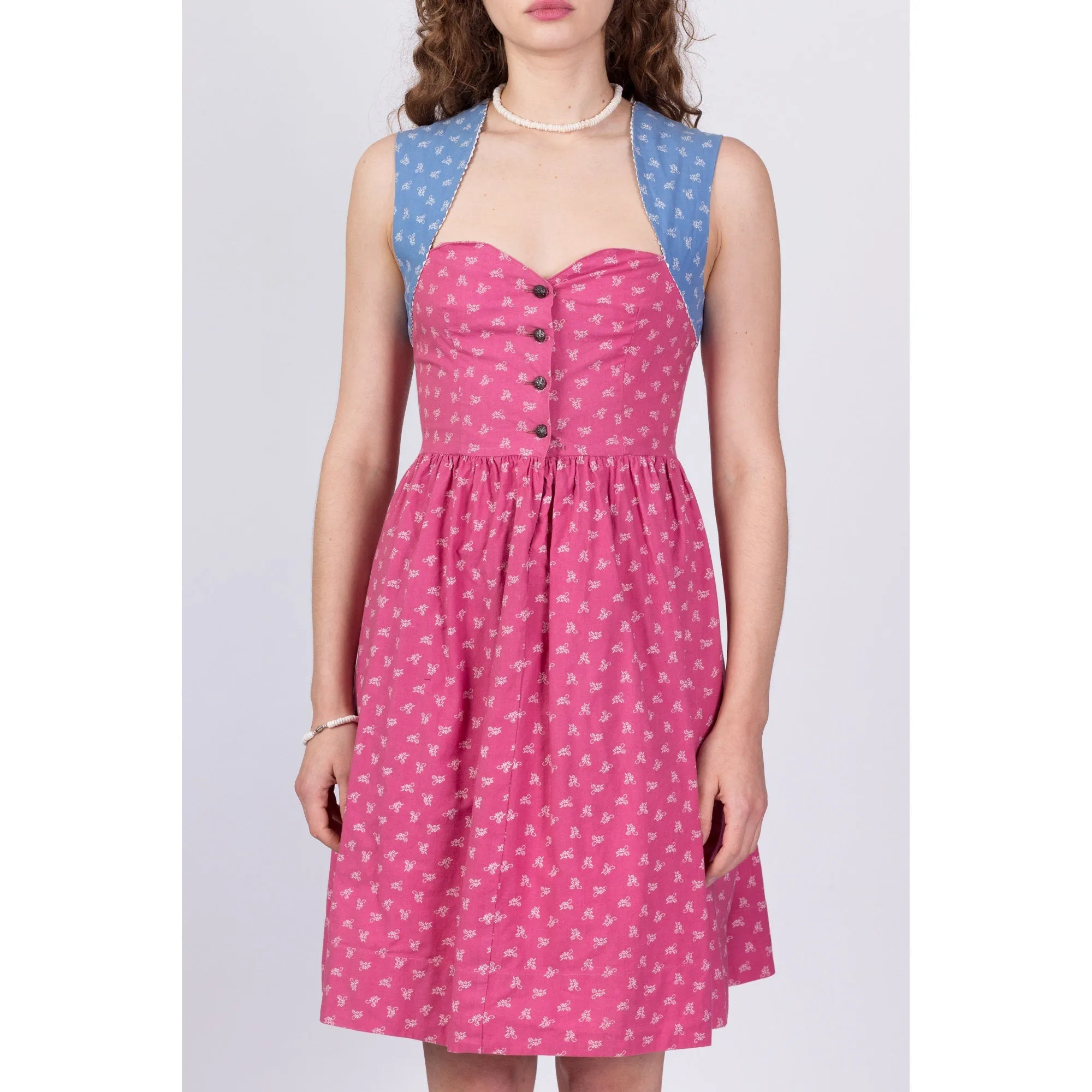 70s Calico Floral Sweetheart Neck Dirndl Dress - Small