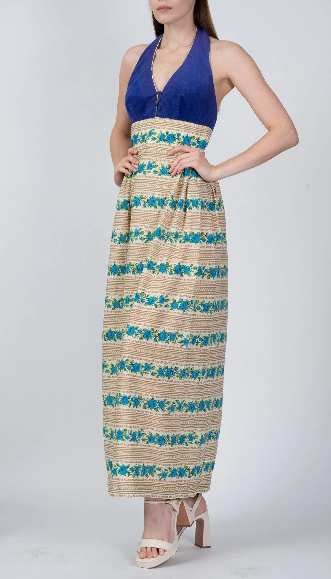 70s Candi Jones Floral Halter Maxi Dress - Extra Small