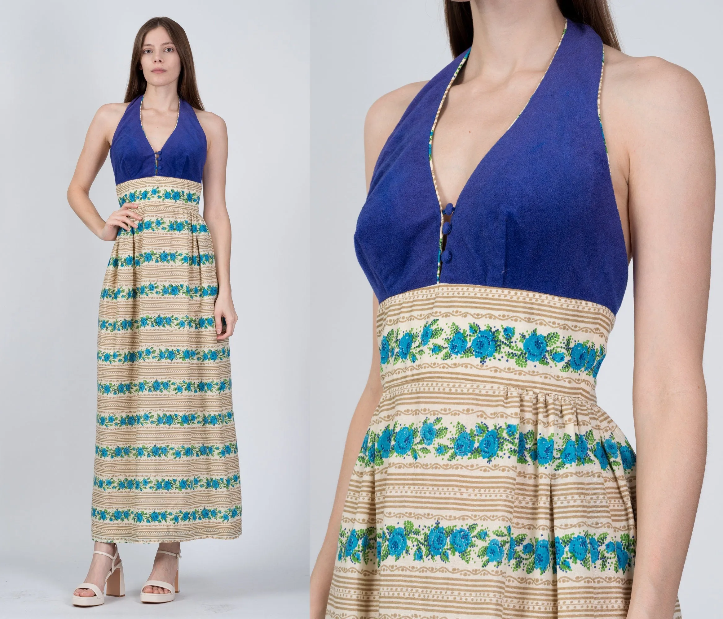 70s Candi Jones Floral Halter Maxi Dress - Extra Small