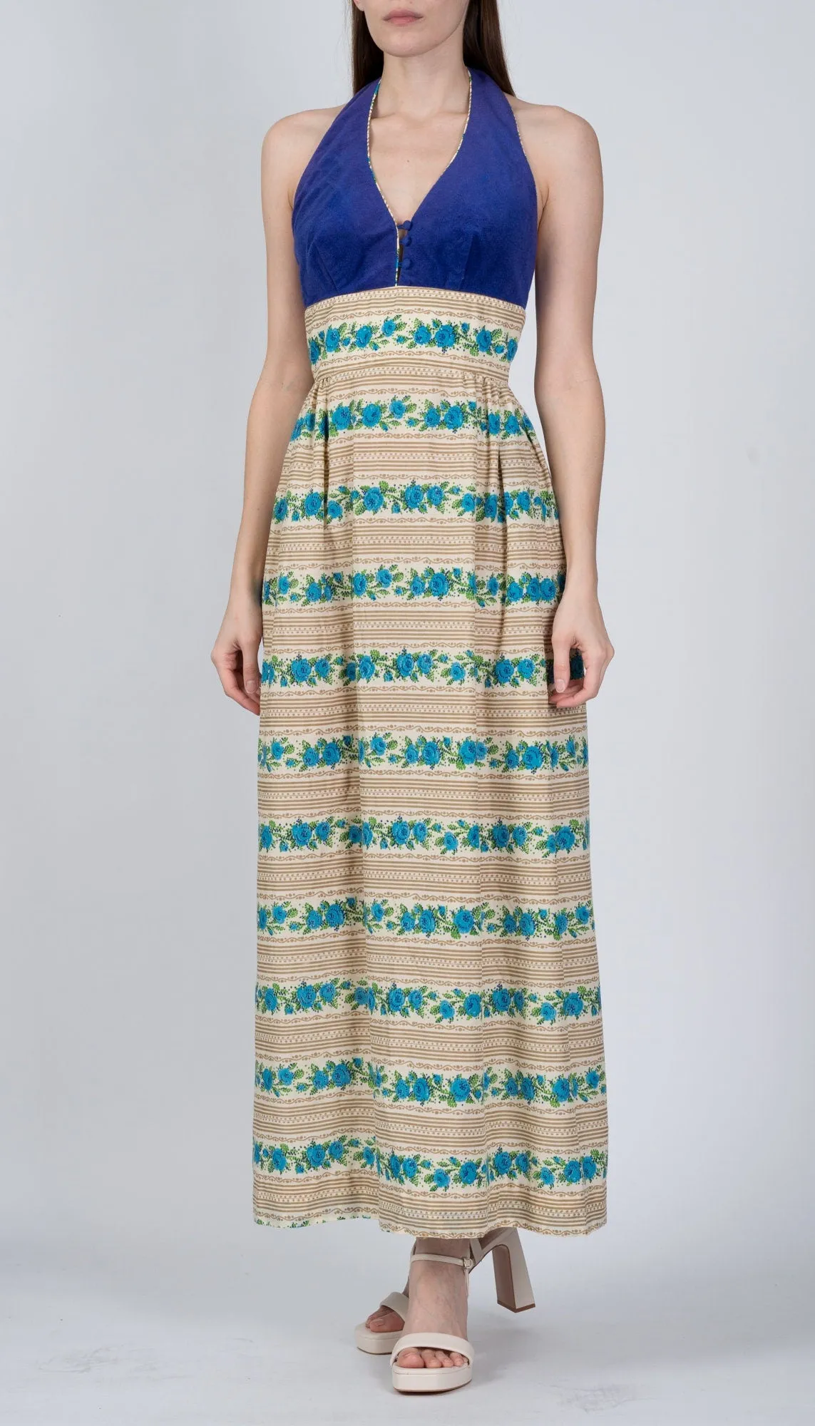 70s Candi Jones Floral Halter Maxi Dress - Extra Small