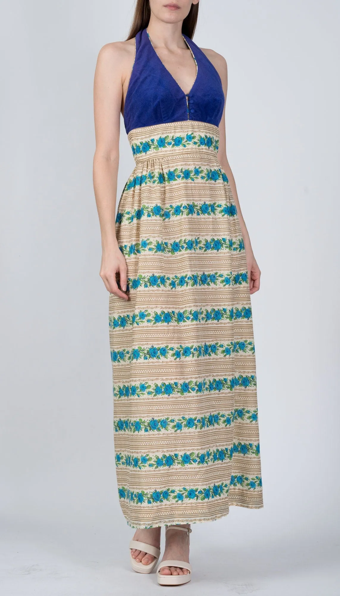 70s Candi Jones Floral Halter Maxi Dress - Extra Small