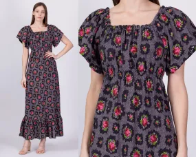 70s Rose & Lattice Print Boho Peasant Dress - Extra Small