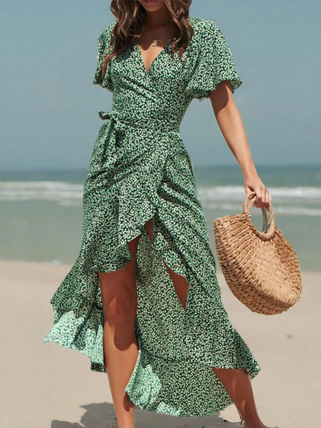 BerryGo Women's 2024 Summer Boho V Neck Ruffle Floral Maxi Dress Wrap Wedding Guest Dress