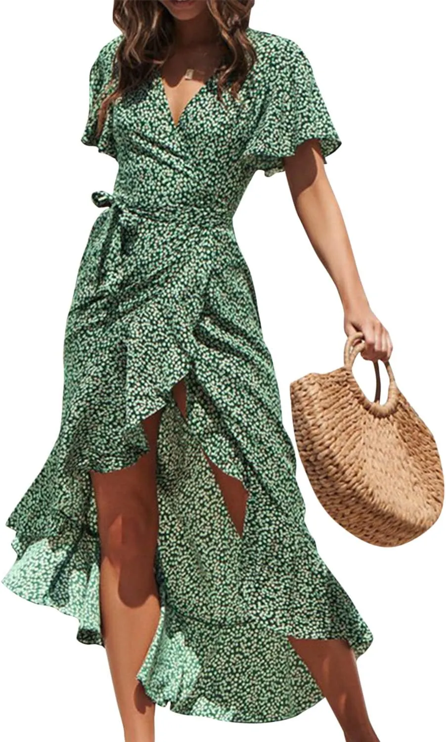 BerryGo Women's 2024 Summer Boho V Neck Ruffle Floral Maxi Dress Wrap Wedding Guest Dress