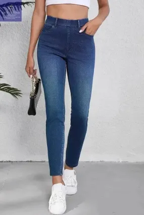 Blue Straight Leg Washed Stretchy Casual Jeans