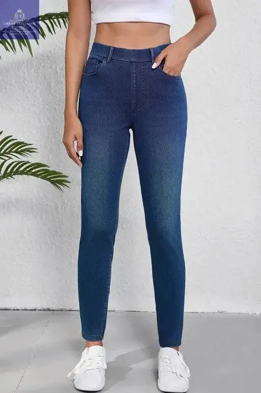 Blue Straight Leg Washed Stretchy Casual Jeans