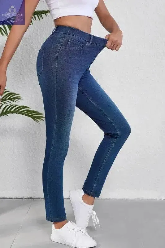 Blue Straight Leg Washed Stretchy Casual Jeans
