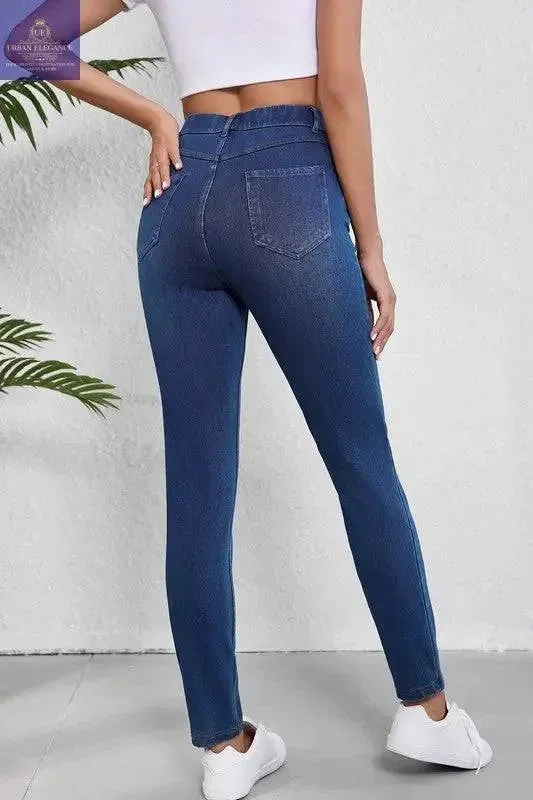 Blue Straight Leg Washed Stretchy Casual Jeans