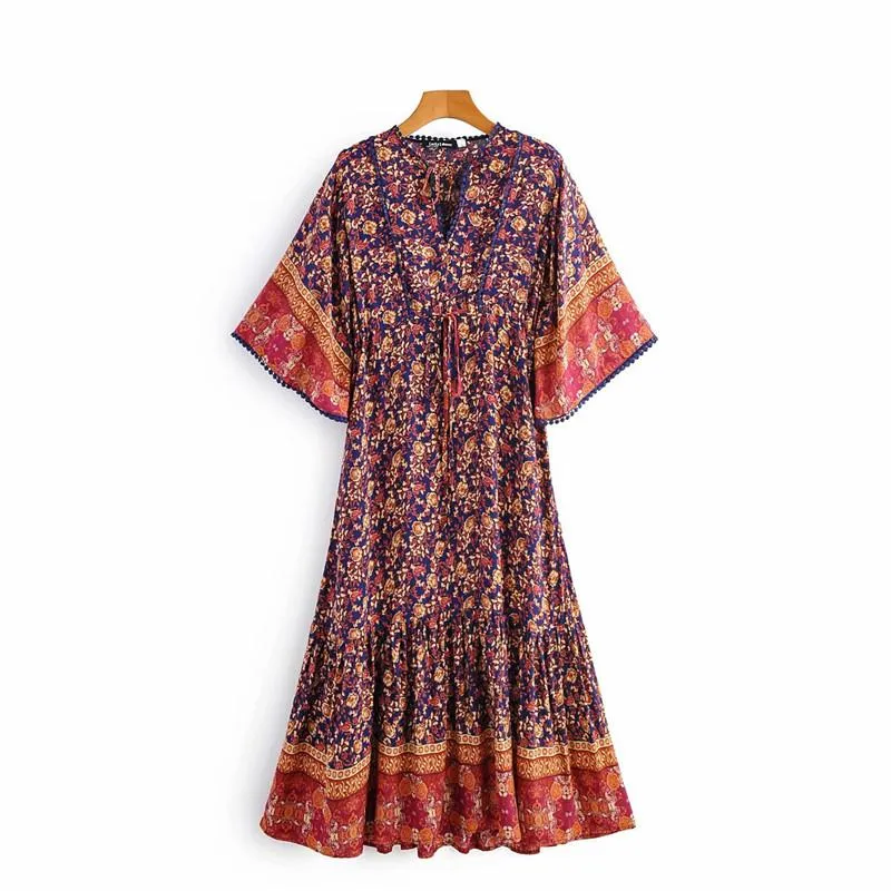 Boho Midi Dress, Sundress, Kaftan Dress, Indian Flower in Navy
