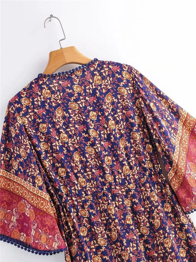 Boho Midi Dress, Sundress, Kaftan Dress, Indian Flower in Navy