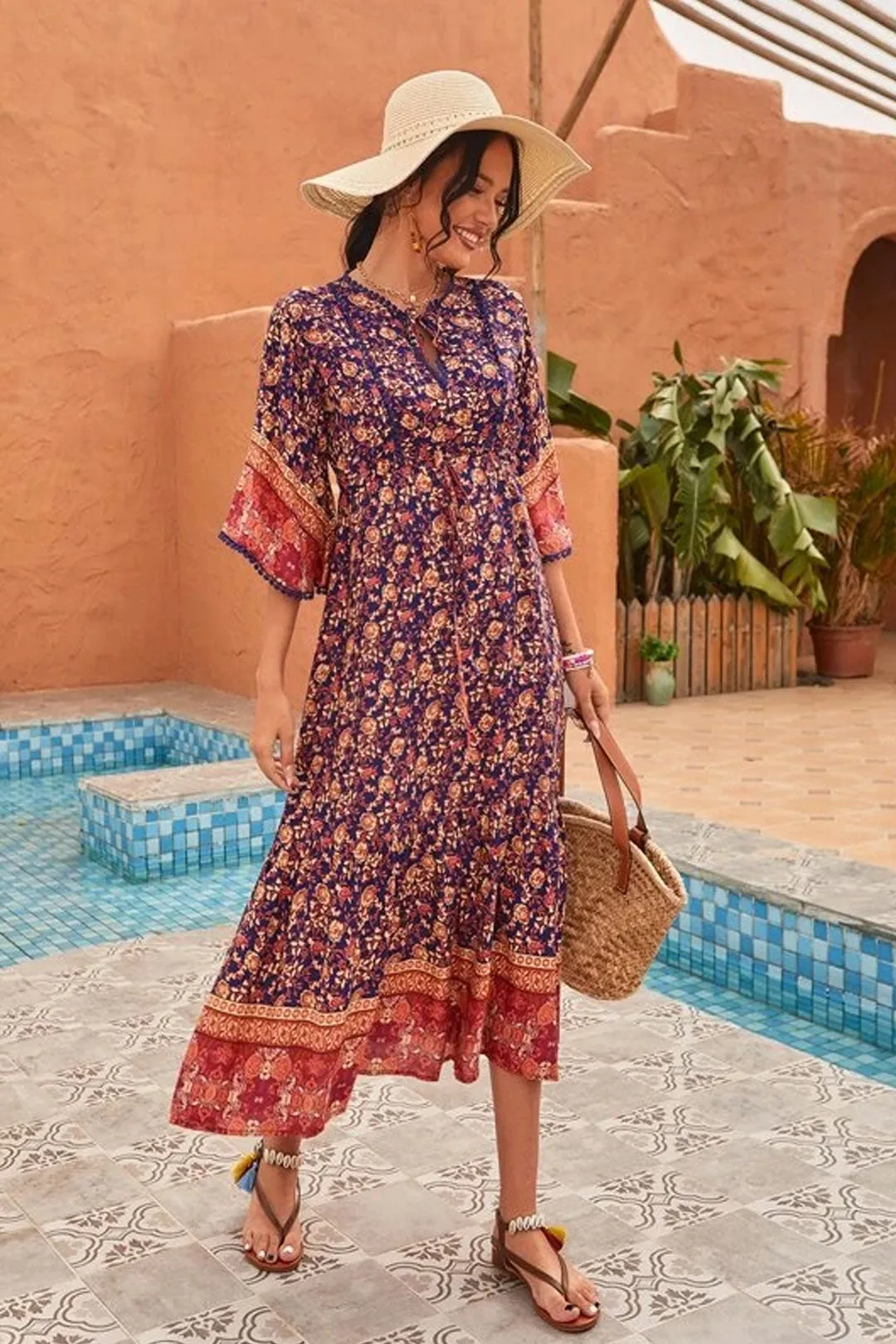 Boho Midi Dress, Sundress, Kaftan Dress, Indian Flower in Navy