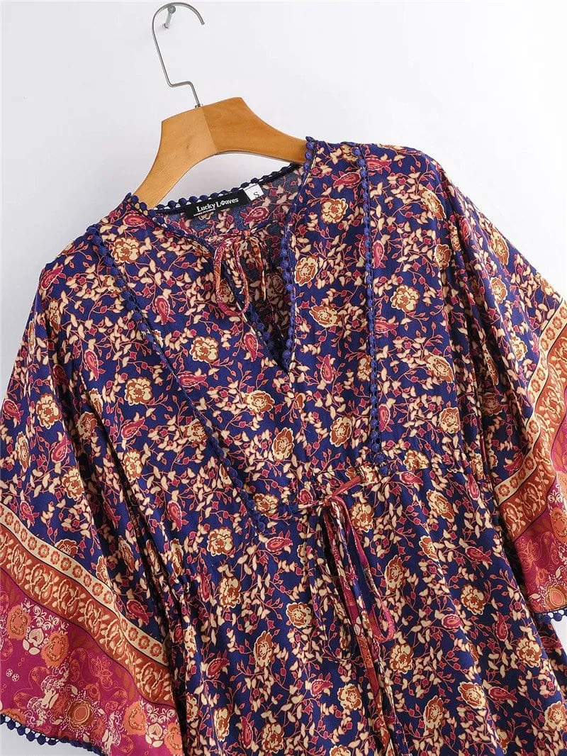 Boho Midi Dress, Sundress, Kaftan Dress, Indian Flower in Navy