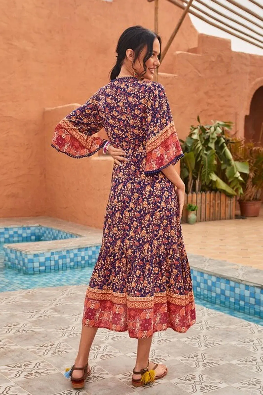 Boho Midi Dress, Sundress, Kaftan Dress, Indian Flower in Navy