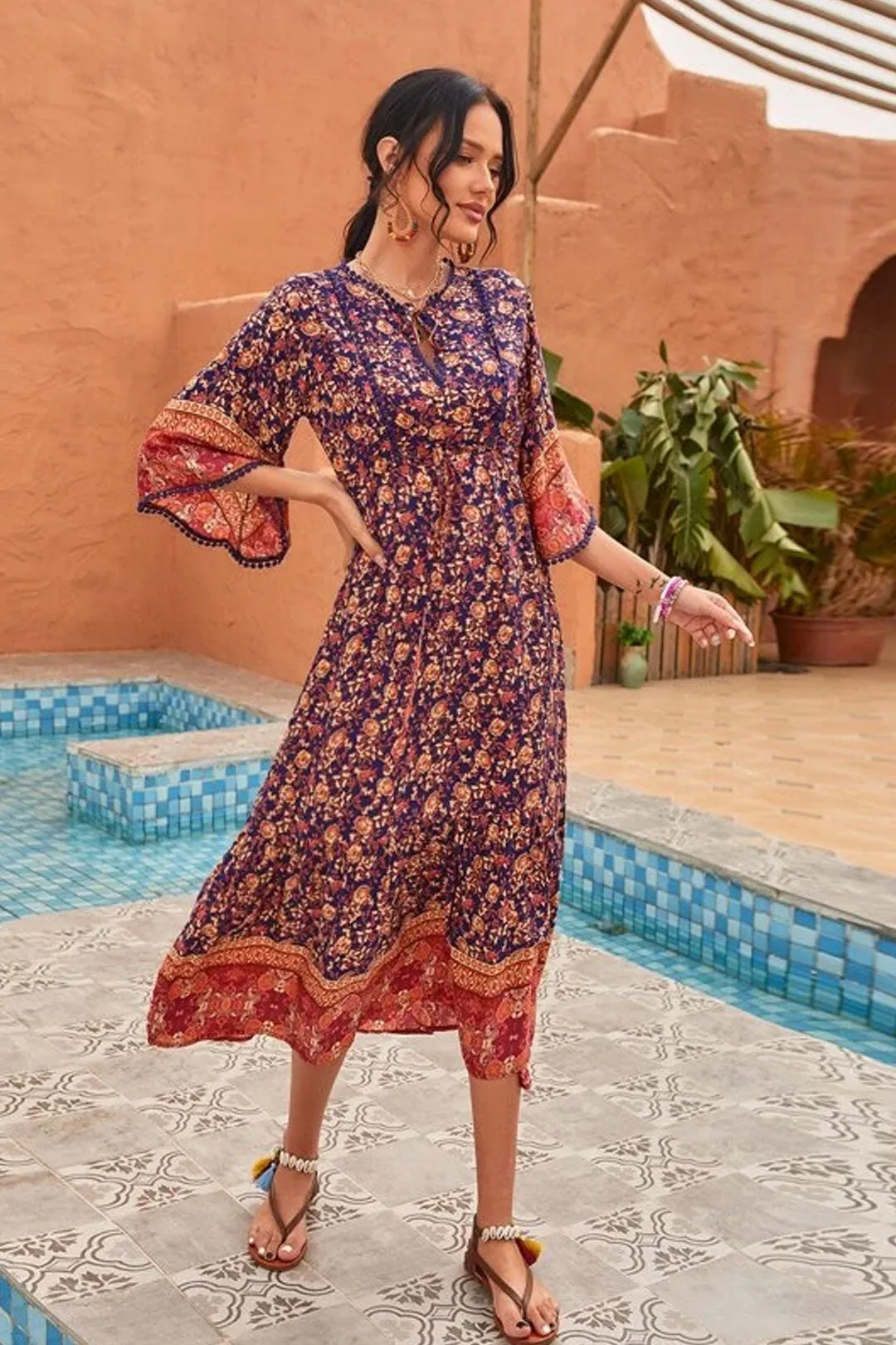 Boho Midi Dress, Sundress, Kaftan Dress, Indian Flower in Navy