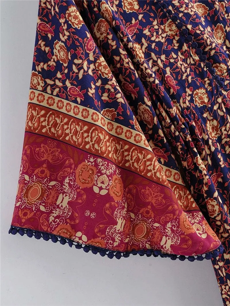 Boho Midi Dress, Sundress, Kaftan Dress, Indian Flower in Navy