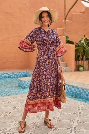 Boho Midi Dress, Sundress, Kaftan Dress, Indian Flower in Navy