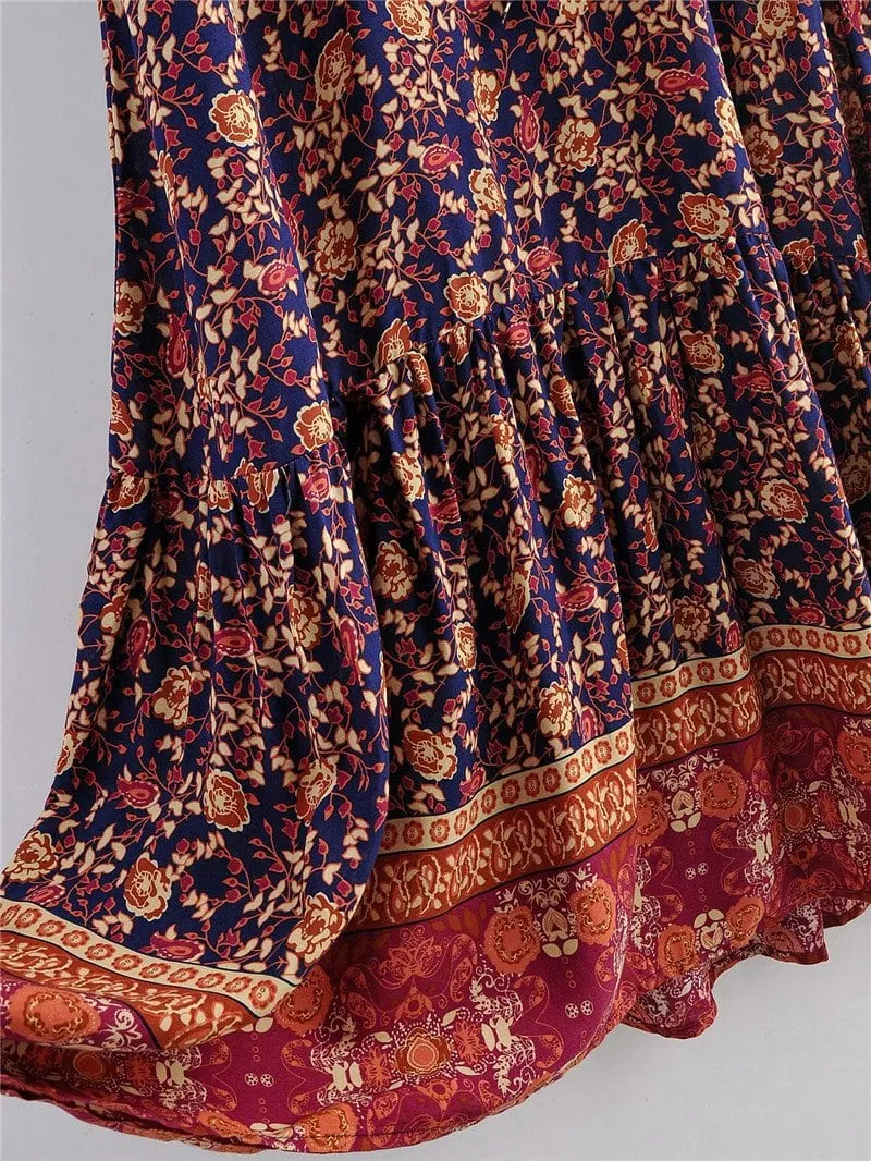 Boho Midi Dress, Sundress, Kaftan Dress, Indian Flower in Navy