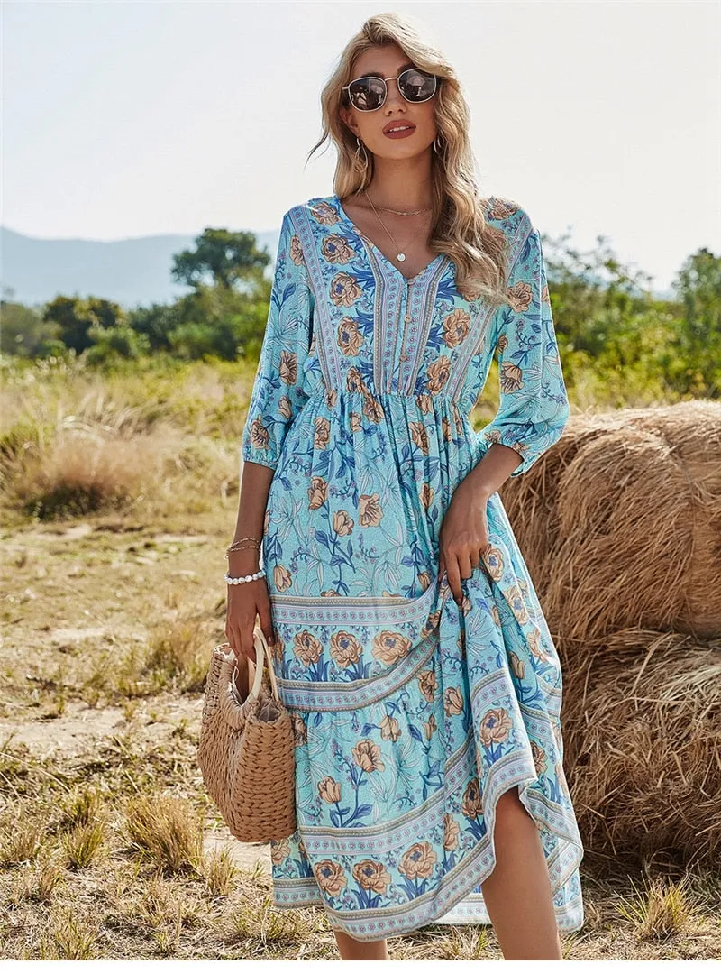 Boho Midi Dress, Sundress, Viola in Blue
