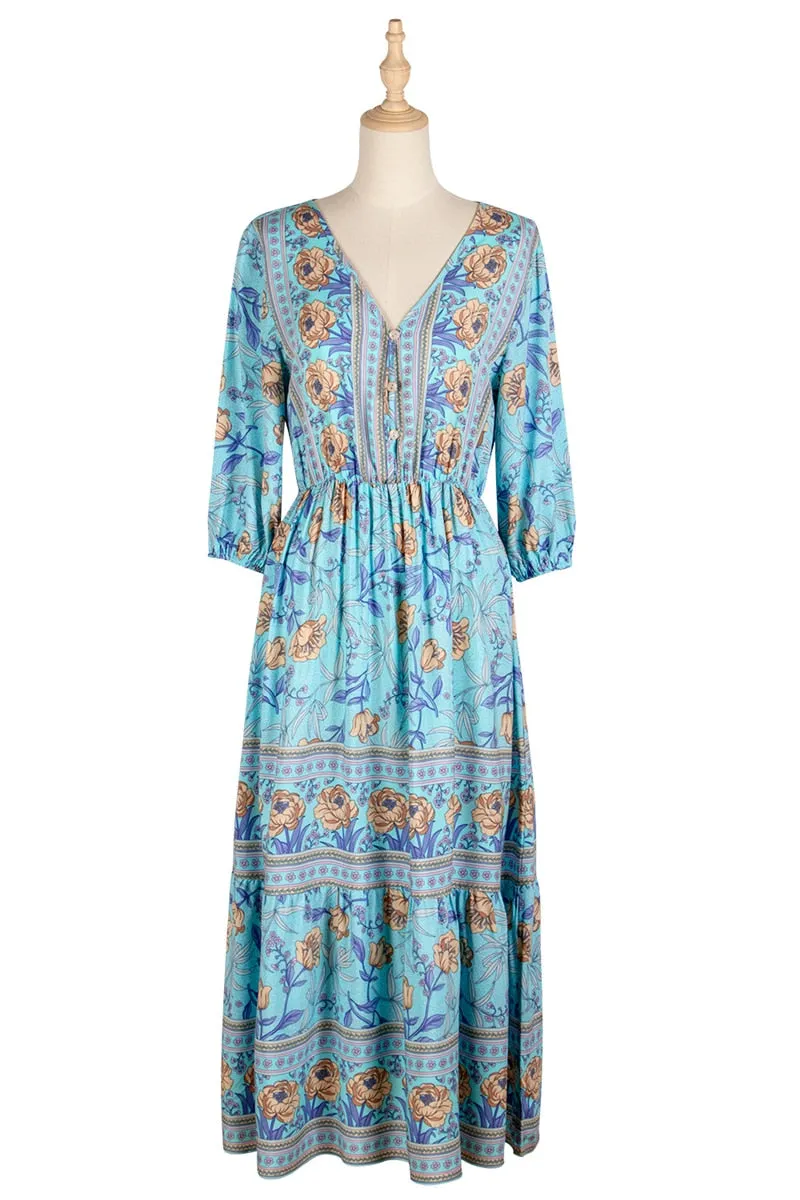 Boho Midi Dress, Sundress, Viola in Blue