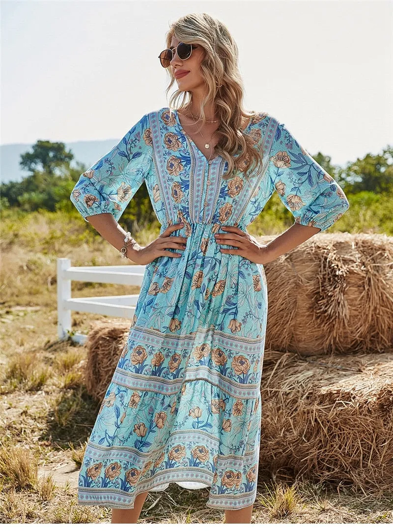 Boho Midi Dress, Sundress, Viola in Blue