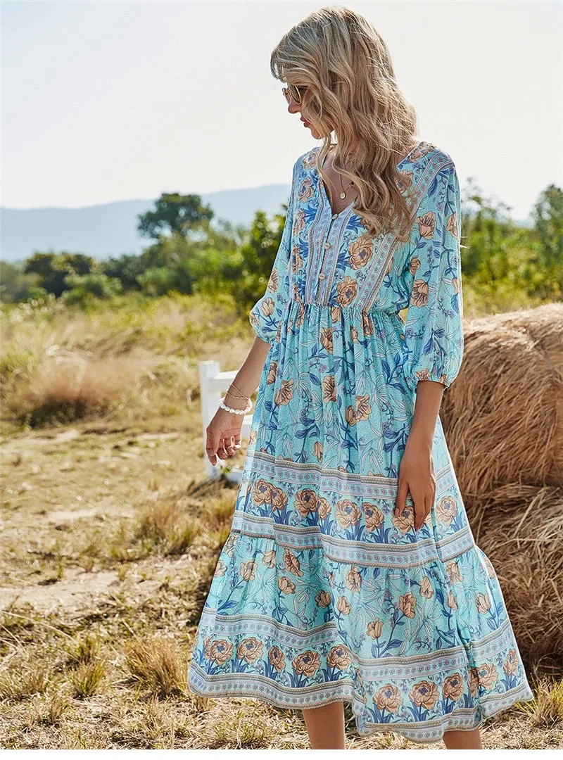 Boho Midi Dress, Sundress, Viola in Blue