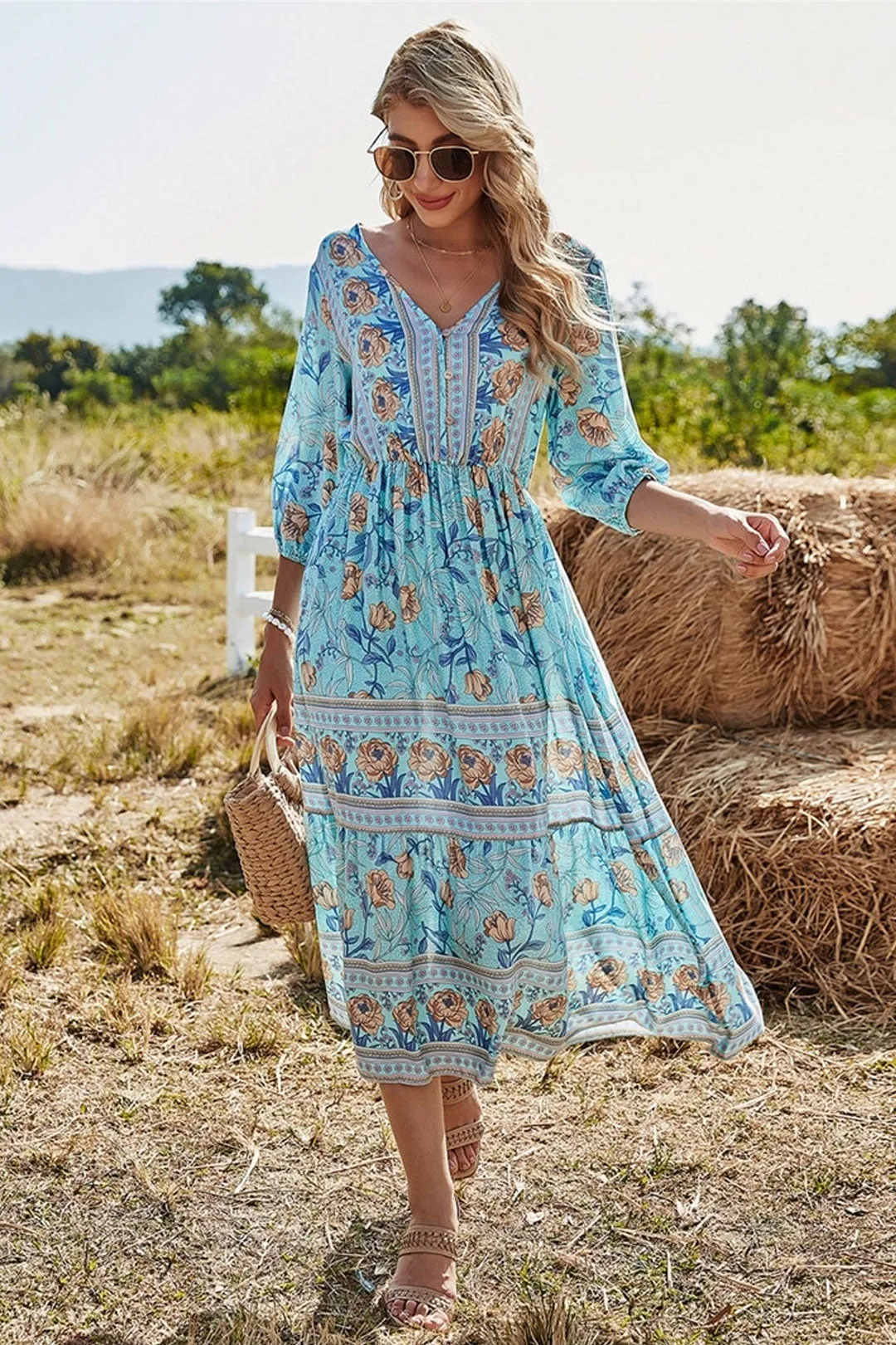 Boho Midi Dress, Sundress, Viola in Blue