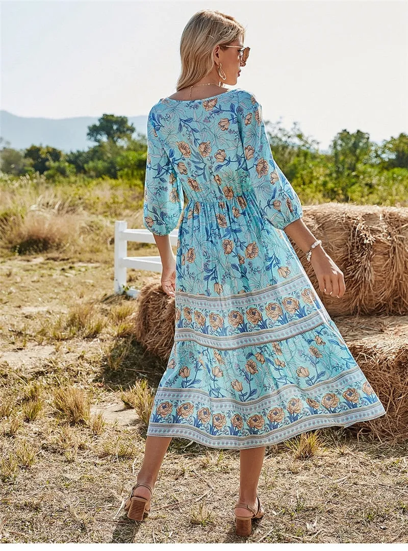 Boho Midi Dress, Sundress, Viola in Blue