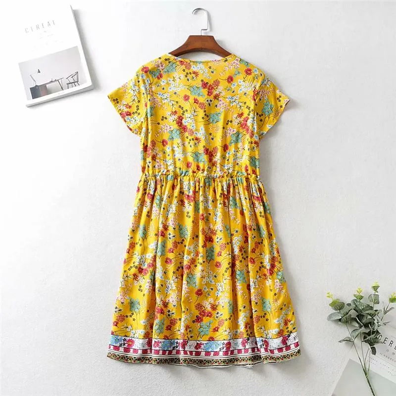 Boho Mini Dress Sundress, Wild Floral in Yellow Ducky