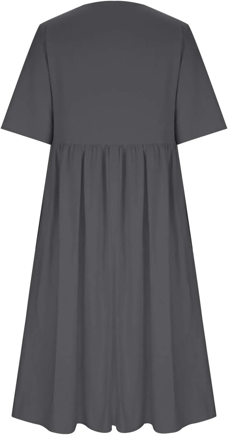 Ceboyel Women 2023 Linen Maxi Dress Dandelion Print Flowy Dresses Tiered Short Sleeve Boho Dress Casual Loose Summer Dresses