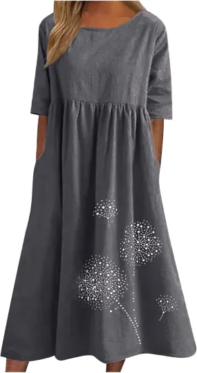 Ceboyel Women 2023 Linen Maxi Dress Dandelion Print Flowy Dresses Tiered Short Sleeve Boho Dress Casual Loose Summer Dresses