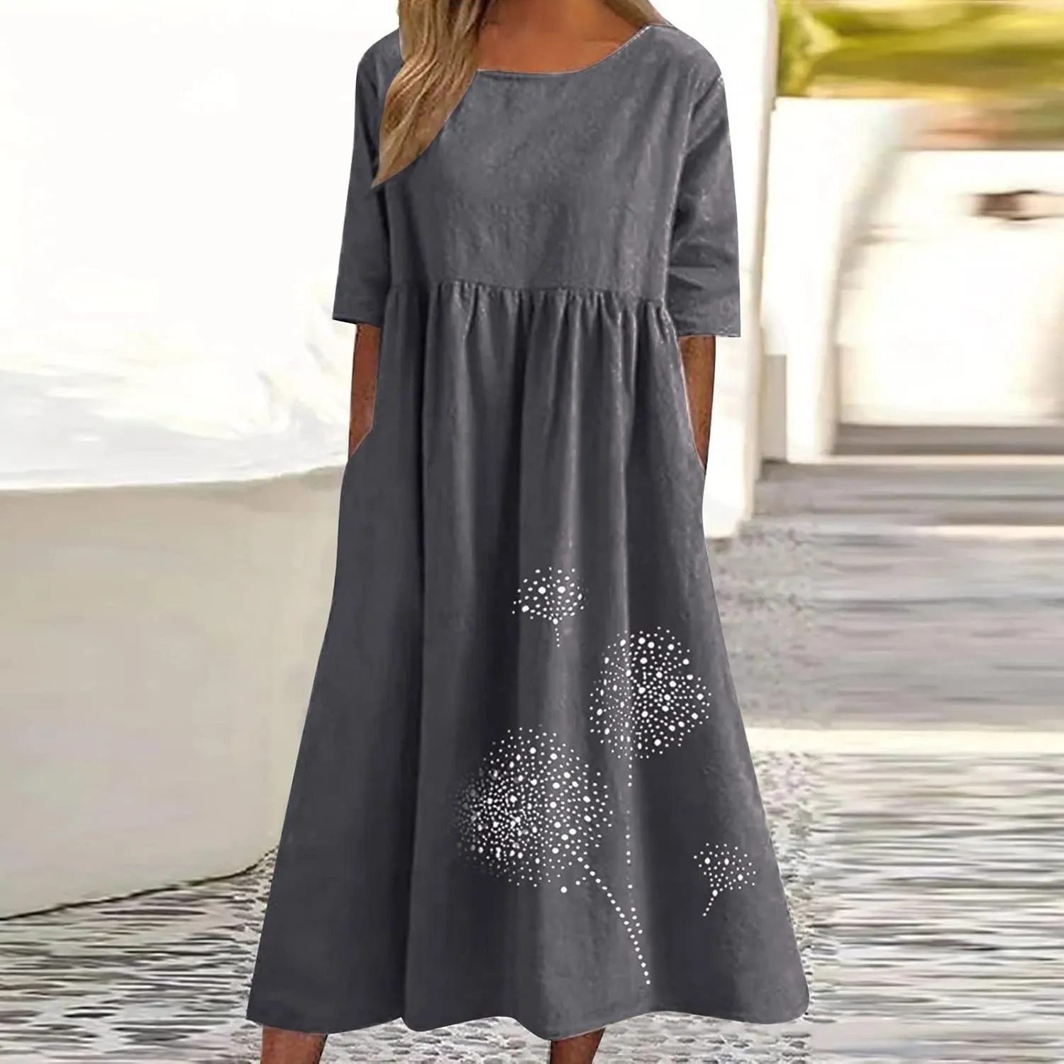 Ceboyel Women 2023 Linen Maxi Dress Dandelion Print Flowy Dresses Tiered Short Sleeve Boho Dress Casual Loose Summer Dresses