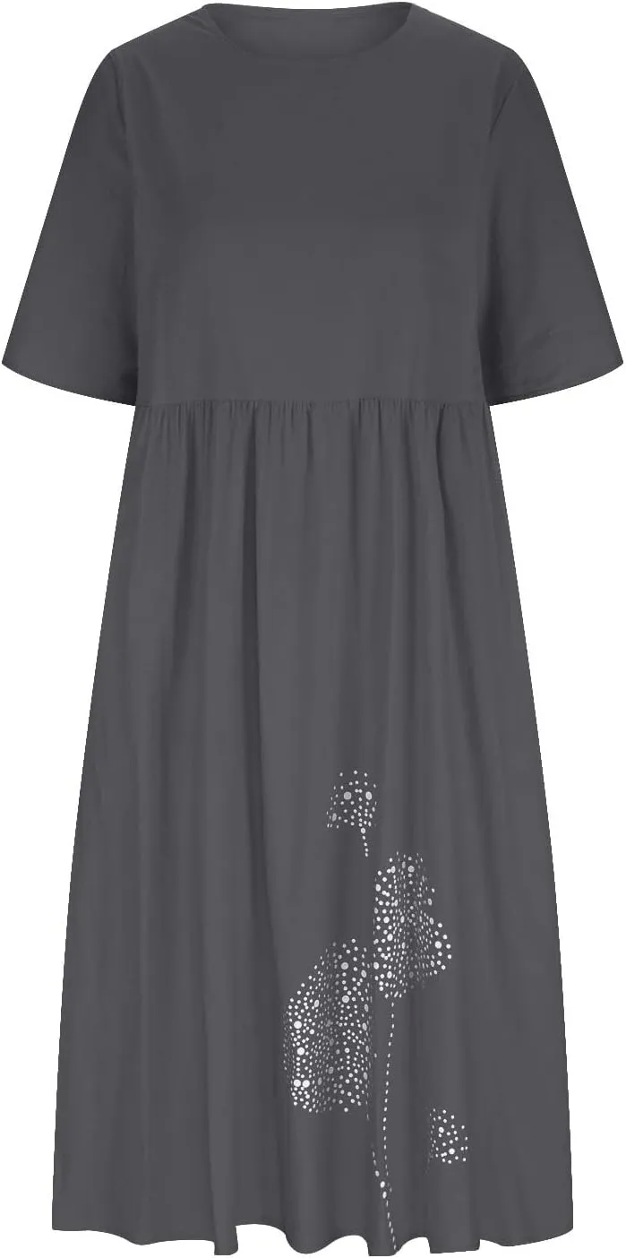 Ceboyel Women 2023 Linen Maxi Dress Dandelion Print Flowy Dresses Tiered Short Sleeve Boho Dress Casual Loose Summer Dresses