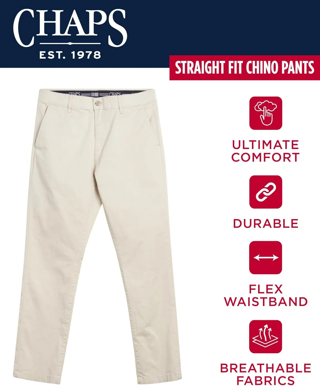 Chaps Men's Pants - Straight Fit 5-Pocket Comfort Stretch Chino Pants for Men - Men's Fashion Straight Leg Cotton Chinos
