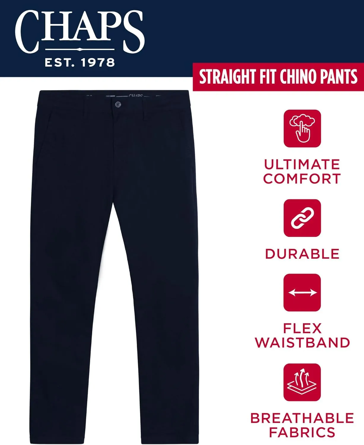 Chaps Men's Pants - Straight Fit 5-Pocket Comfort Stretch Chino Pants for Men - Men's Fashion Straight Leg Cotton Chinos