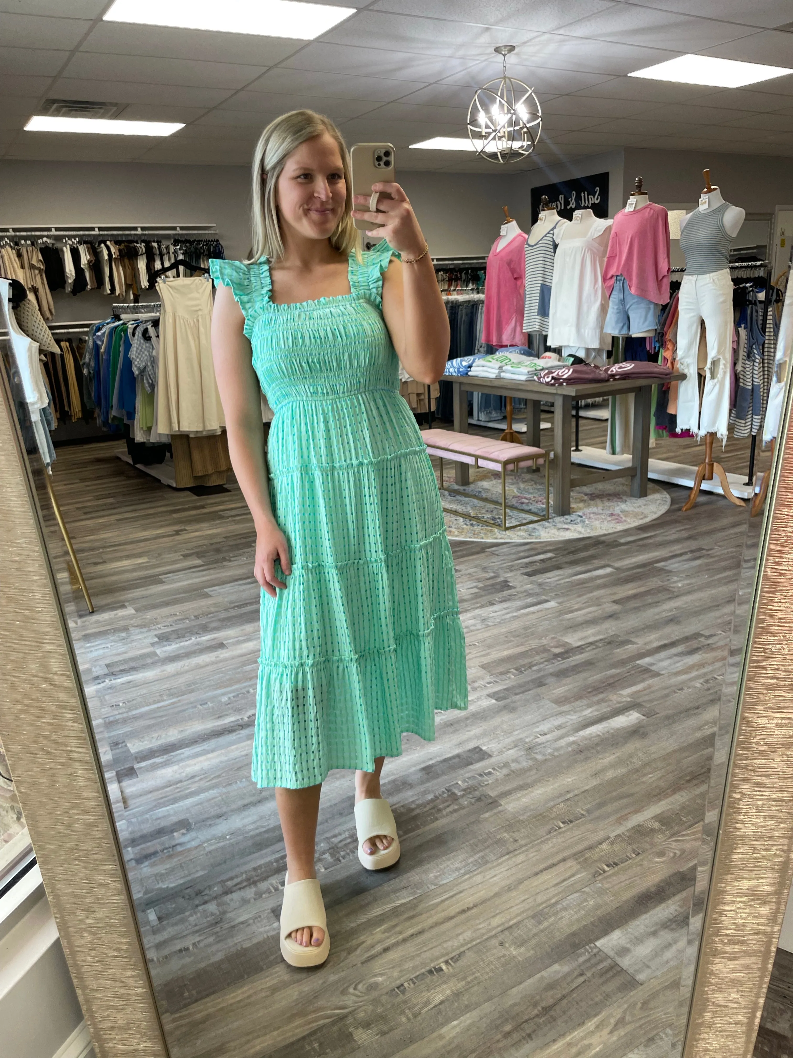 Checkered Smocked Dress - Green
