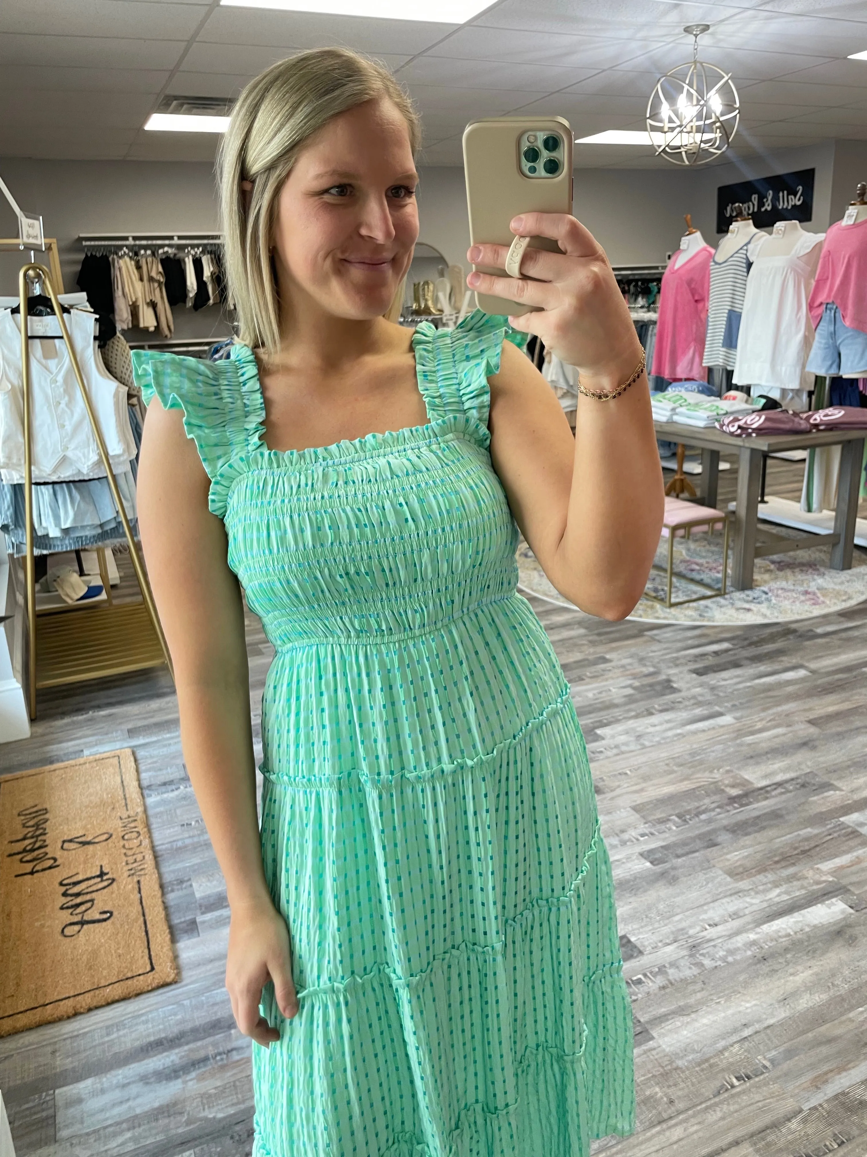 Checkered Smocked Dress - Green