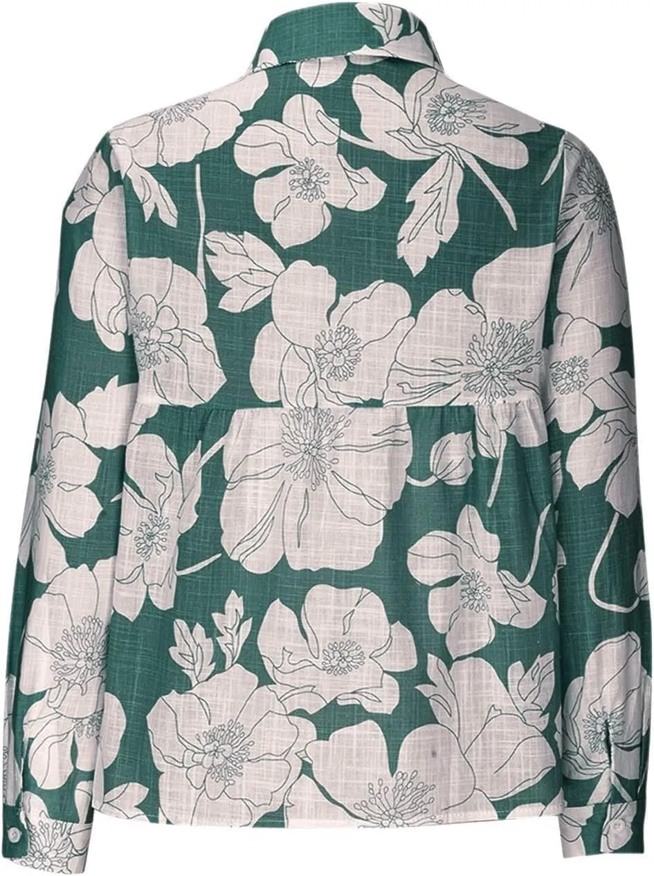 Cotton Linen Boho Floral Tops for Women Casual Button Down Flower Printed Long Sleeve Shirts Dressy Casual V Neck T Shirts