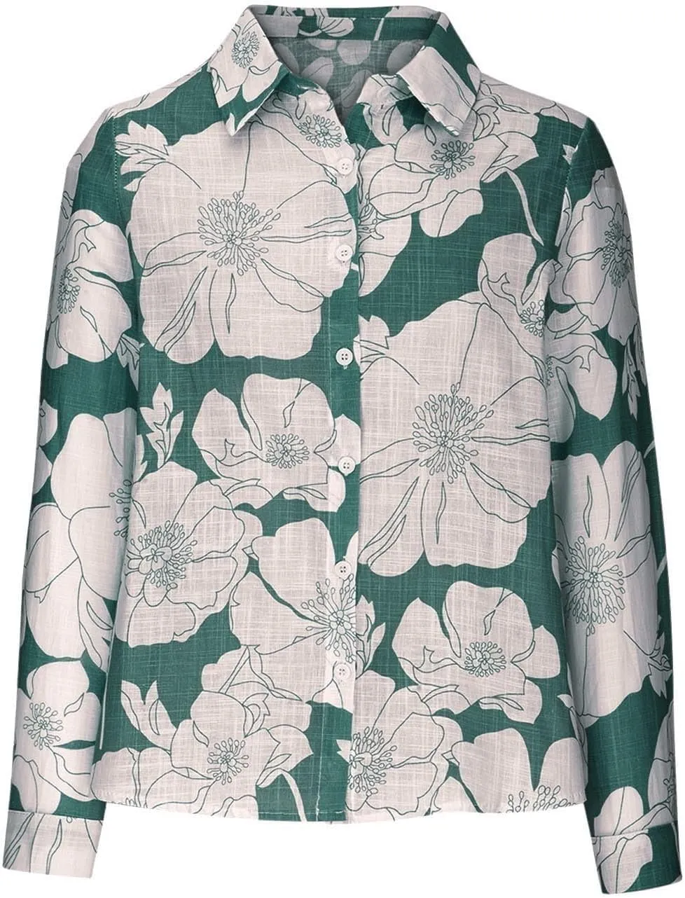 Cotton Linen Boho Floral Tops for Women Casual Button Down Flower Printed Long Sleeve Shirts Dressy Casual V Neck T Shirts