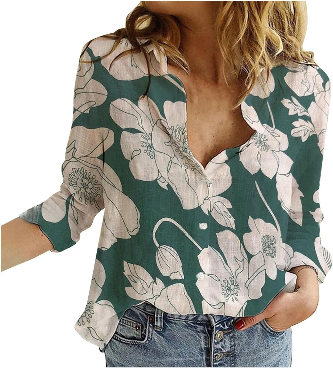 Cotton Linen Boho Floral Tops for Women Casual Button Down Flower Printed Long Sleeve Shirts Dressy Casual V Neck T Shirts