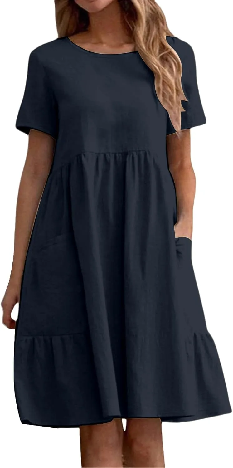 Cotton Linen Dresses Women Loose Fitting Dress Womens Dresses Tshirt Dress with Pockets Plus Size Sundresses