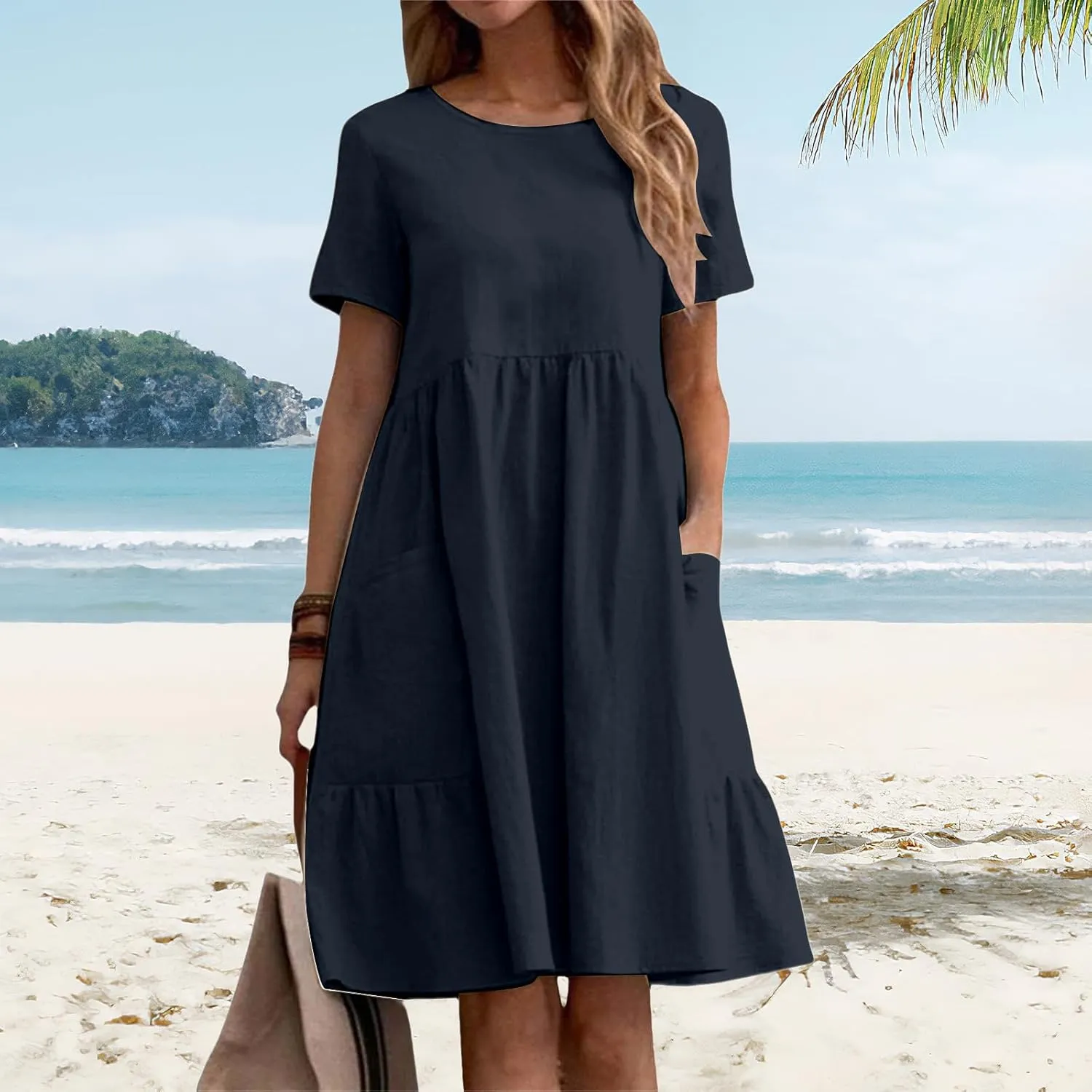 Cotton Linen Dresses Women Loose Fitting Dress Womens Dresses Tshirt Dress with Pockets Plus Size Sundresses