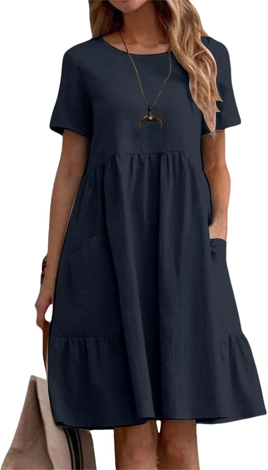 Cotton Linen Dresses Women Loose Fitting Dress Womens Dresses Tshirt Dress with Pockets Plus Size Sundresses