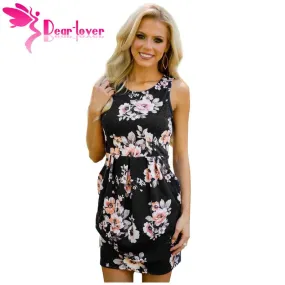 Dear-Lover tank mini dress women Summer Print Black Floral Sleeveless Short Dress with Pockets Tunic Femininos Vestidos LC220079