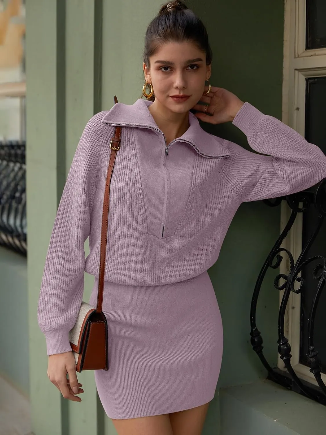 DEEP SELF Women's Casual Long Sleeve Bodycon Sweater Dresses Fall Half Zip V Neck Slim Fit Ribbed Knitted Mini Dress