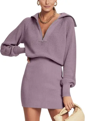 DEEP SELF Women's Casual Long Sleeve Bodycon Sweater Dresses Fall Half Zip V Neck Slim Fit Ribbed Knitted Mini Dress