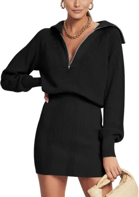 DEEP SELF Women's Casual Long Sleeve Bodycon Sweater Dresses Fall Half Zip V Neck Slim Fit Ribbed Knitted Mini Dress