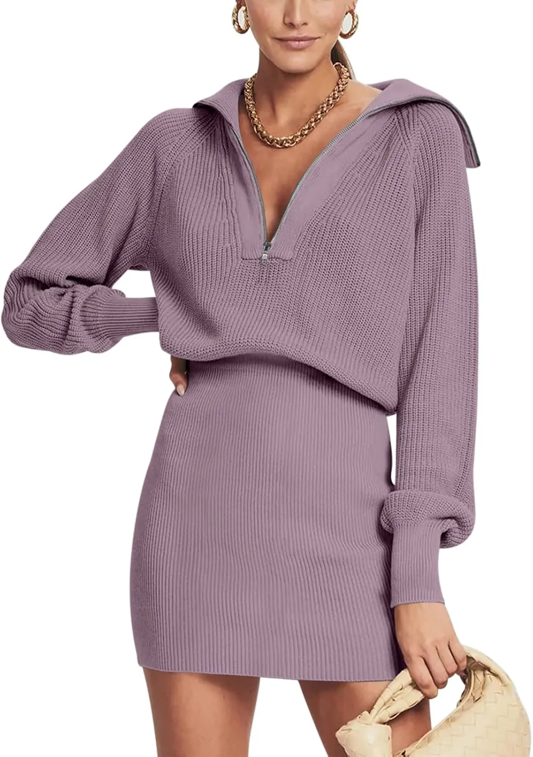 DEEP SELF Women's Casual Long Sleeve Bodycon Sweater Dresses Fall Half Zip V Neck Slim Fit Ribbed Knitted Mini Dress